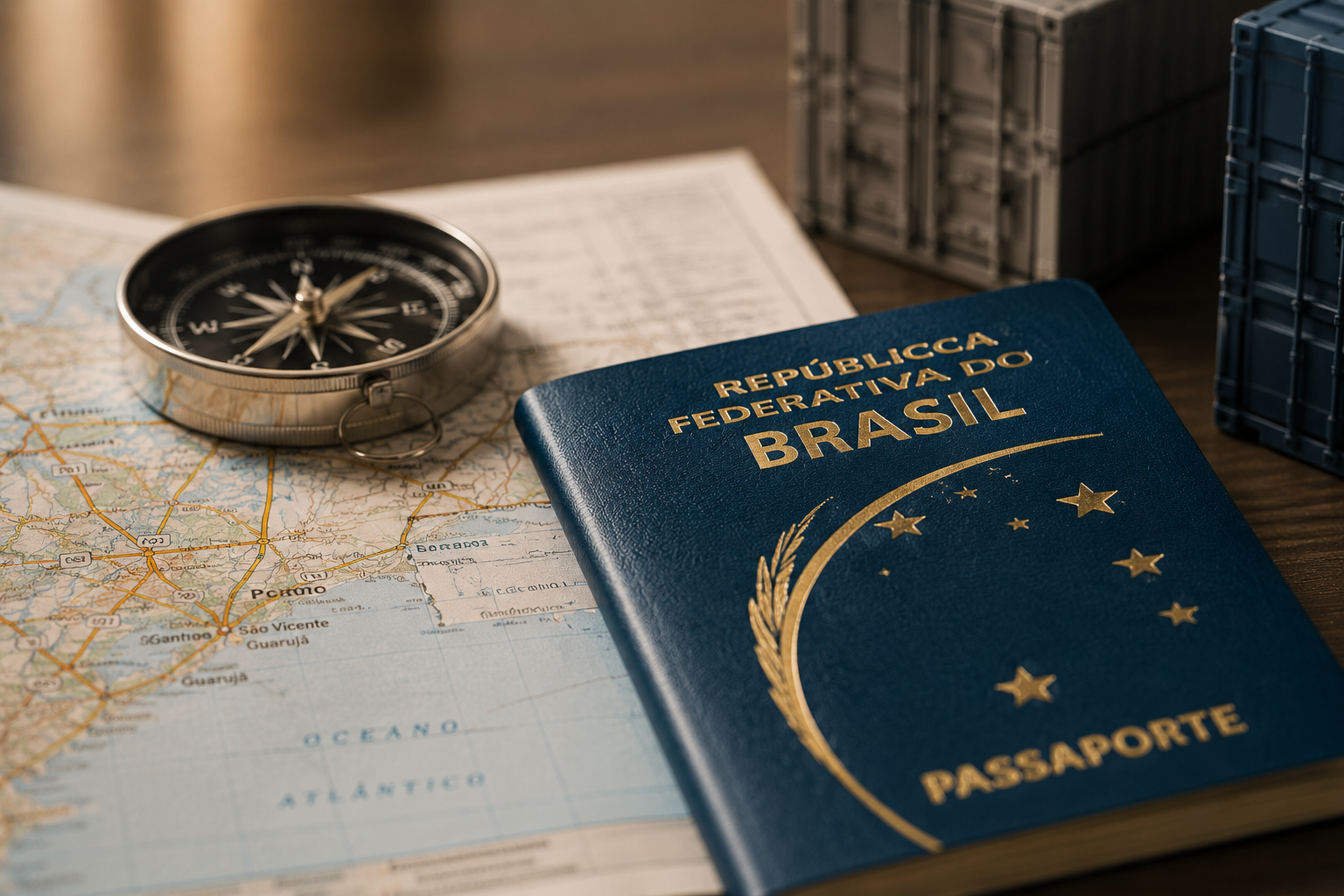 Passaporte brasileiro, bússola, mapa e contêineres